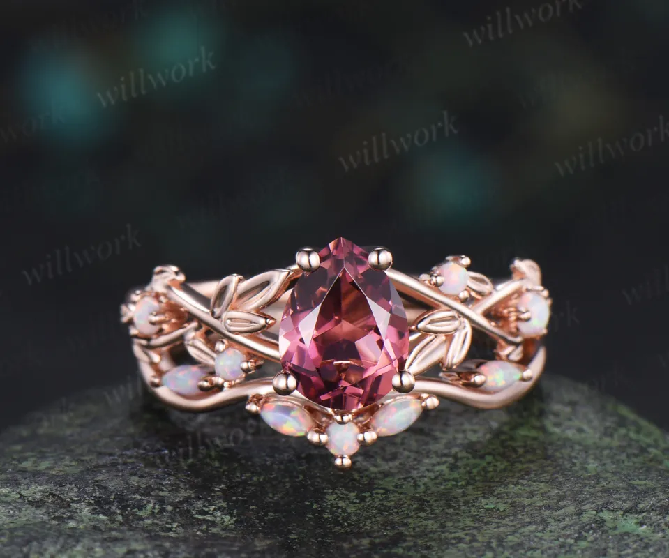 Pear cut natural pink tourmaline leaf engagement ring set nature inspired twig accent opal ring bridal set made by Willwork Jewelry