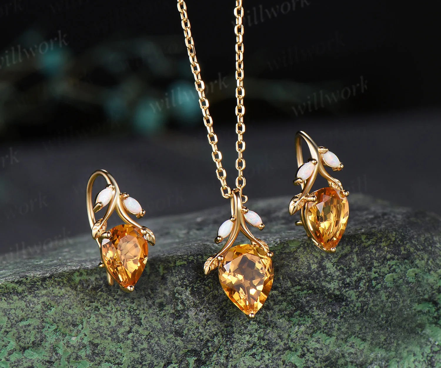 Pear citrine necklace earring set marquise opal twig leaf gemstone pendant hook earrings jewelry set sold by Willwork Jewelry product image thumbnail 2