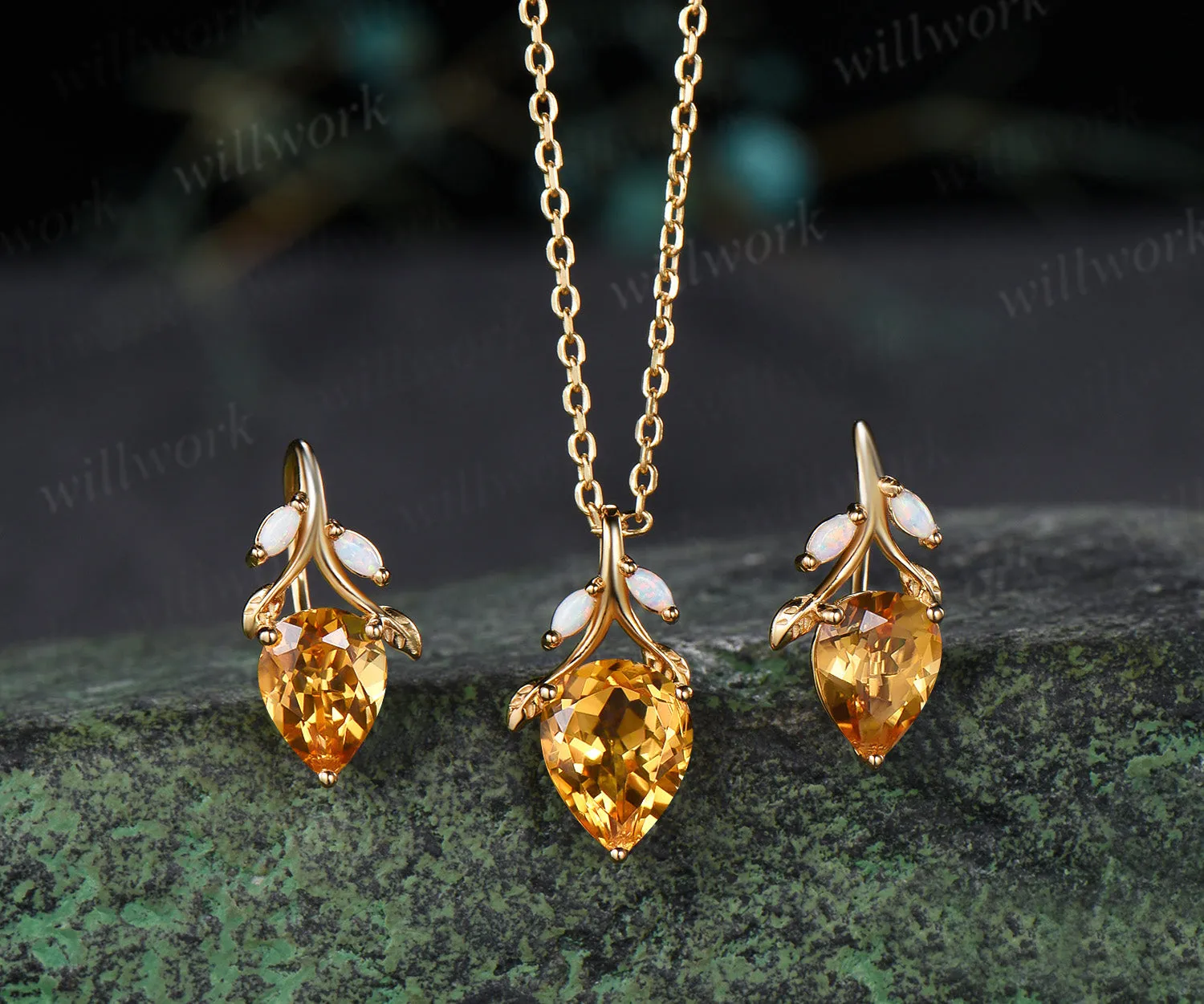 Pear citrine necklace earring set marquise opal twig leaf gemstone pendant hook earrings jewelry set sold by Willwork Jewelry
