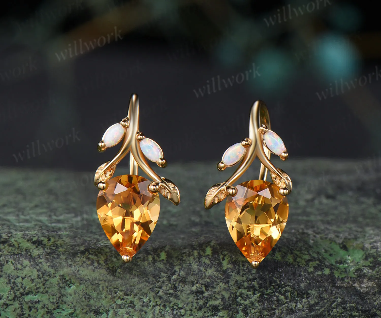 Pear citrine necklace earring set marquise opal twig leaf gemstone pendant hook earrings jewelry set sold by Willwork Jewelry product image thumbnail 3