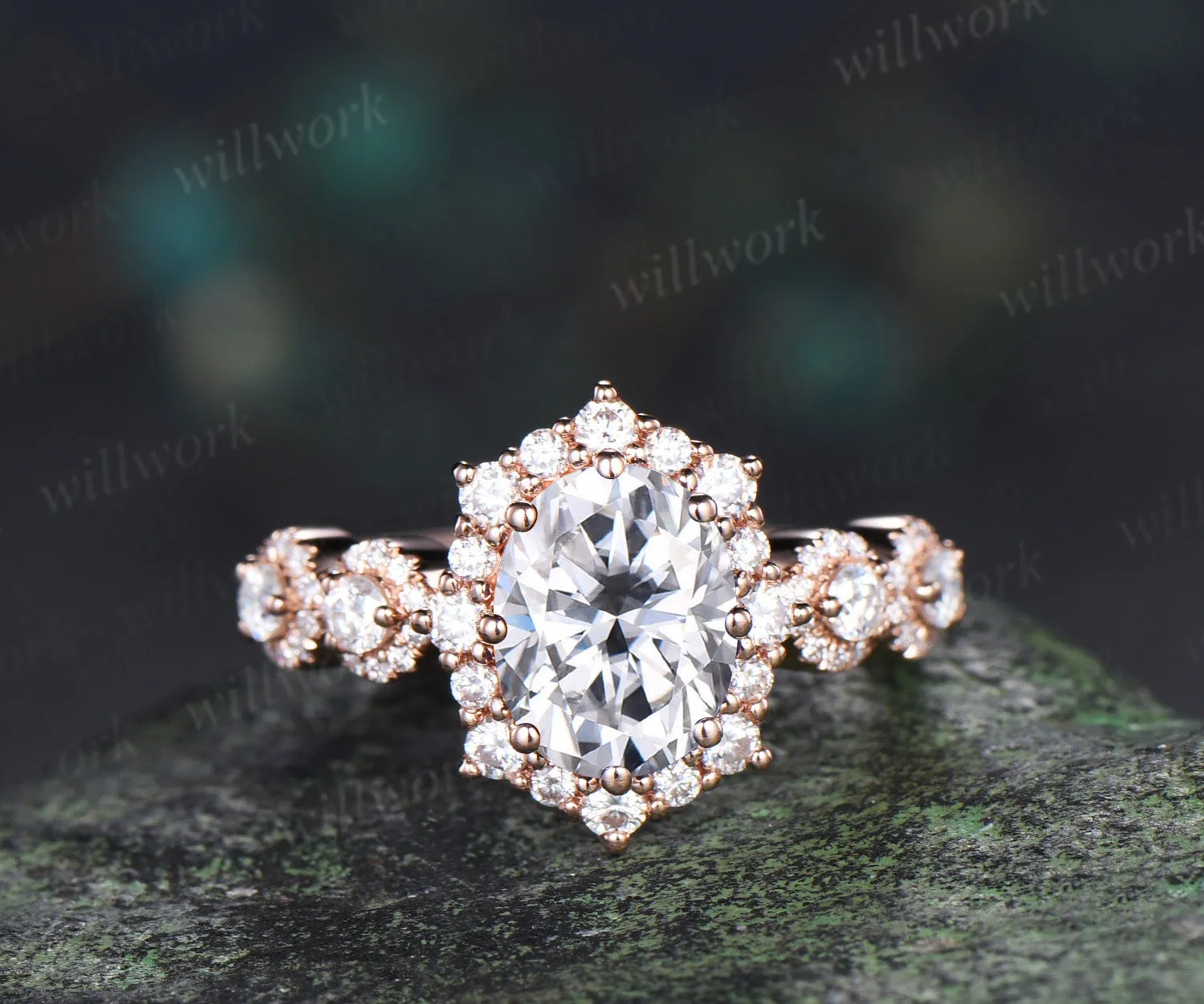 Vintage oval cut moissanite engagement ring art deco unique halo moissanite wedding women ring sold by Willwork Jewelry