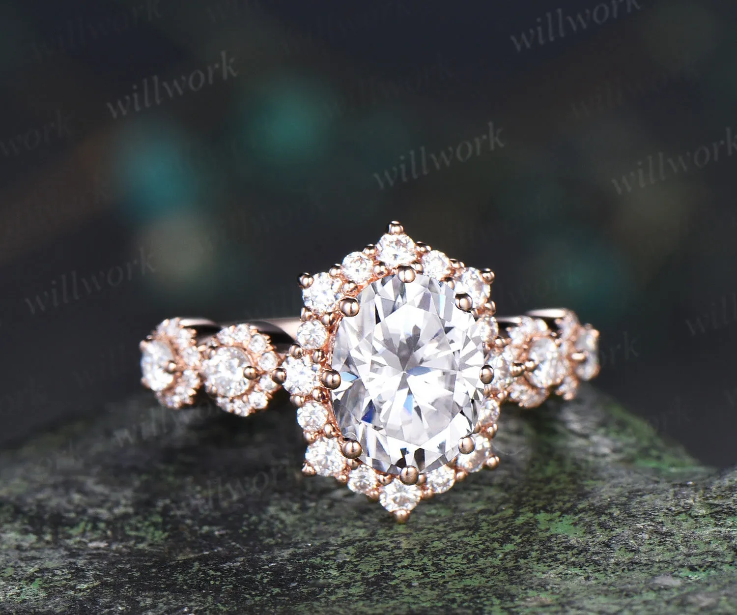Vintage oval cut moissanite engagement ring art deco unique halo moissanite wedding women ring sold by Willwork Jewelry product image thumbnail 3