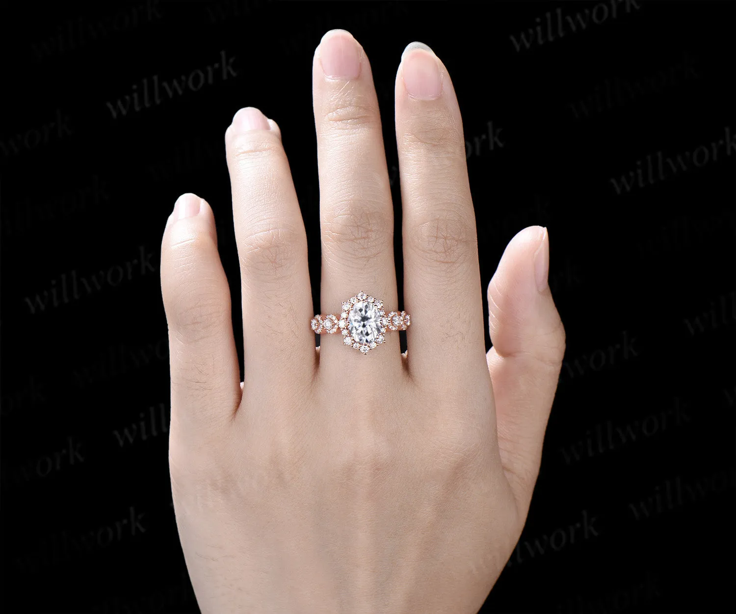 Vintage oval cut moissanite engagement ring art deco unique halo moissanite wedding women ring sold by Willwork Jewelry product image thumbnail 2