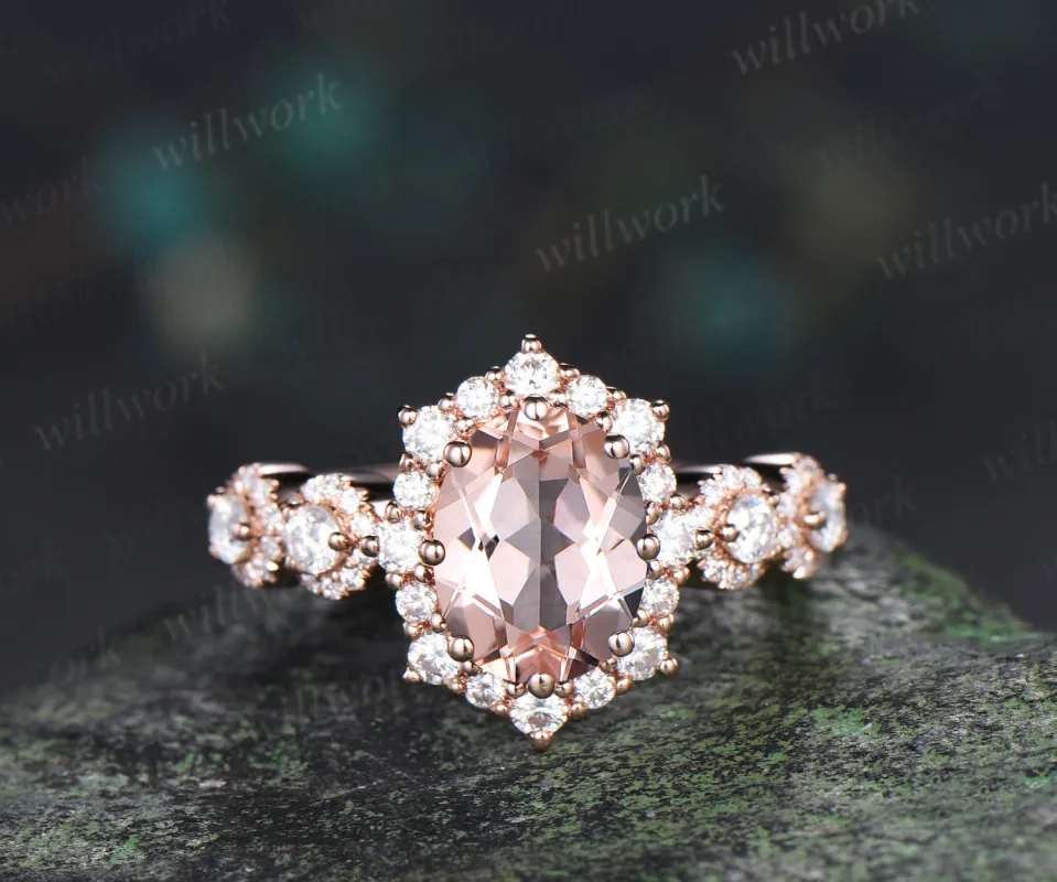 Vintage oval cut morganite engagement ring art deco halo moissanite wedding ring promise anniversary gifts sold by Willwork Jewelry