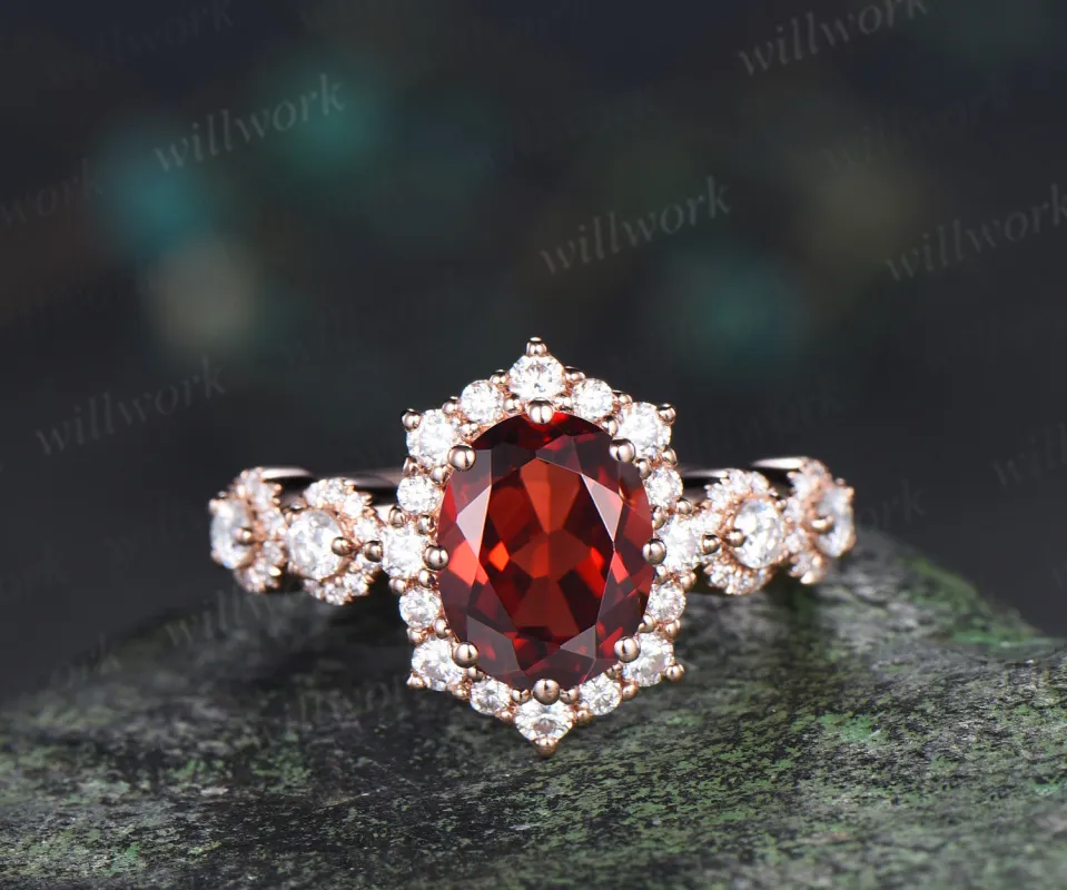 Vintage oval garnet engagement ring art deco multi halo moissanite wedding ring unique bridal ring sold by Willwork Jewelry