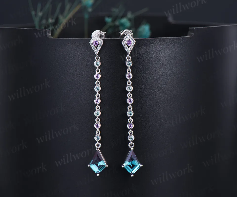 Kite alexandrite amethyst drop earrings unique kite halo studs elegant dangle earrings for women sold by Willwork Jewelry