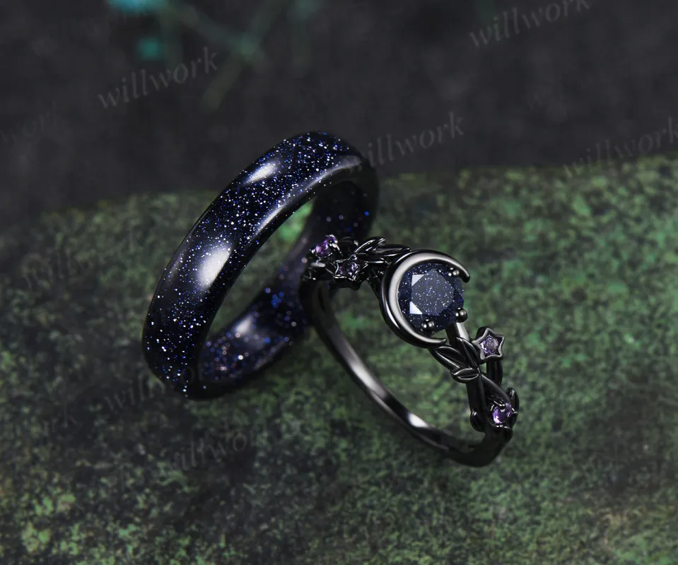 Round Cut Blue Sandstone Moon Twig Leaf Star Amethyst Ring & 5mm Men’s Blue Sandstone Band Unique Couple Ring Set sold by Willwork Jewelry
