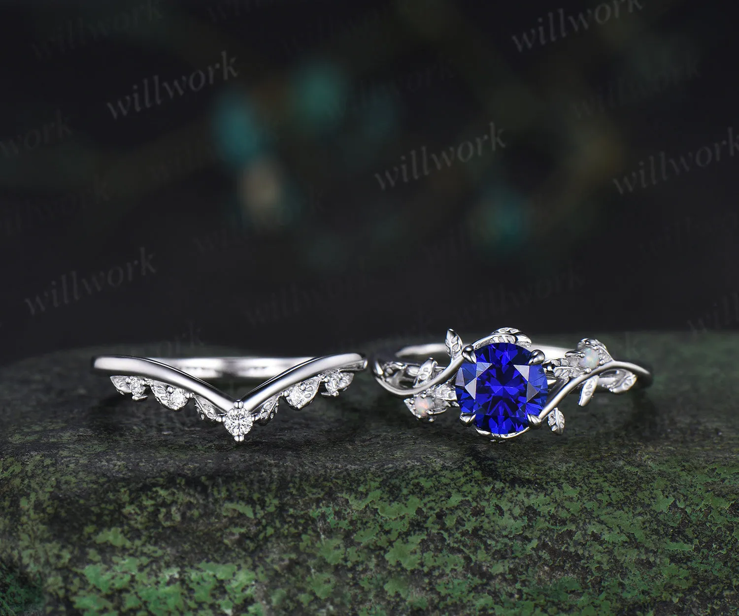 1ct round cut blue sapphire engagement ring set leaf twig opals ring moissanite wedding band brial set sold by Willwork Jewelry product image thumbnail 2