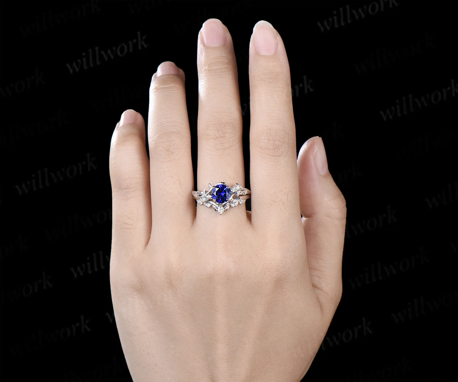 1ct round cut blue sapphire engagement ring set leaf twig opals ring moissanite wedding band brial set sold by Willwork Jewelry product image thumbnail 4