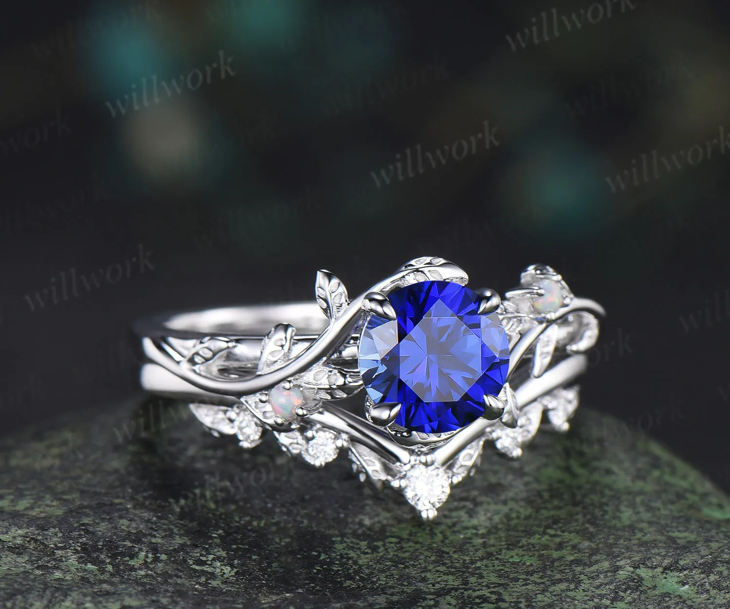 1ct round cut blue sapphire engagement ring set leaf twig opals ring moissanite wedding band brial set sold by Willwork Jewelry product image thumbnail 3
