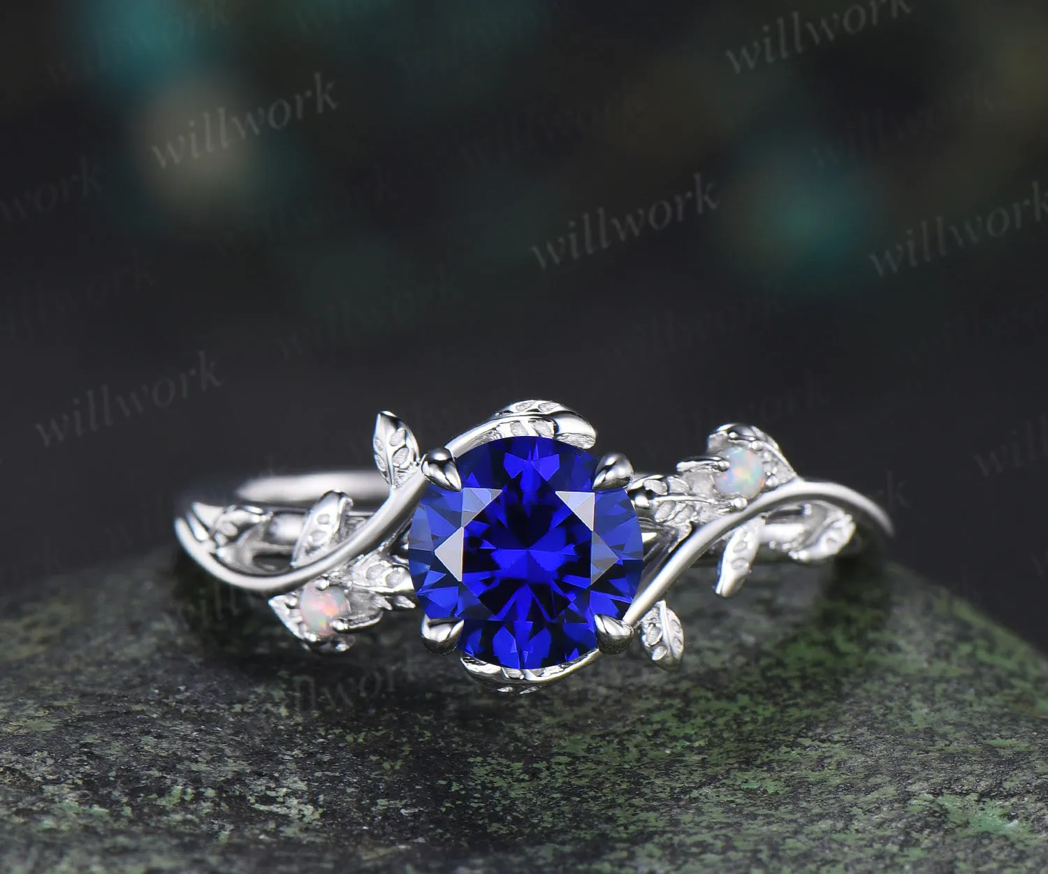 1ct round cut blue sapphire engagement ring set leaf twig opals ring moissanite wedding band brial set sold by Willwork Jewelry product image thumbnail 5