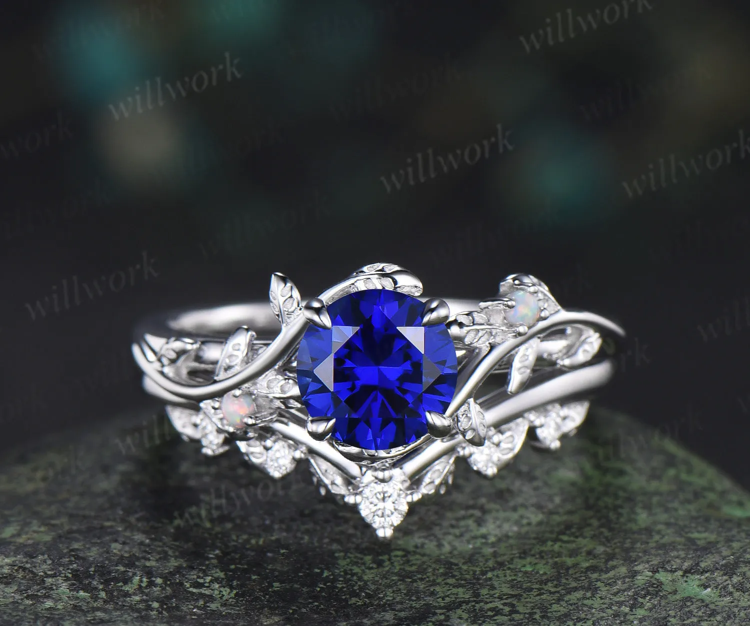 1ct round cut blue sapphire engagement ring set leaf twig opals ring moissanite wedding band brial set sold by Willwork Jewelry