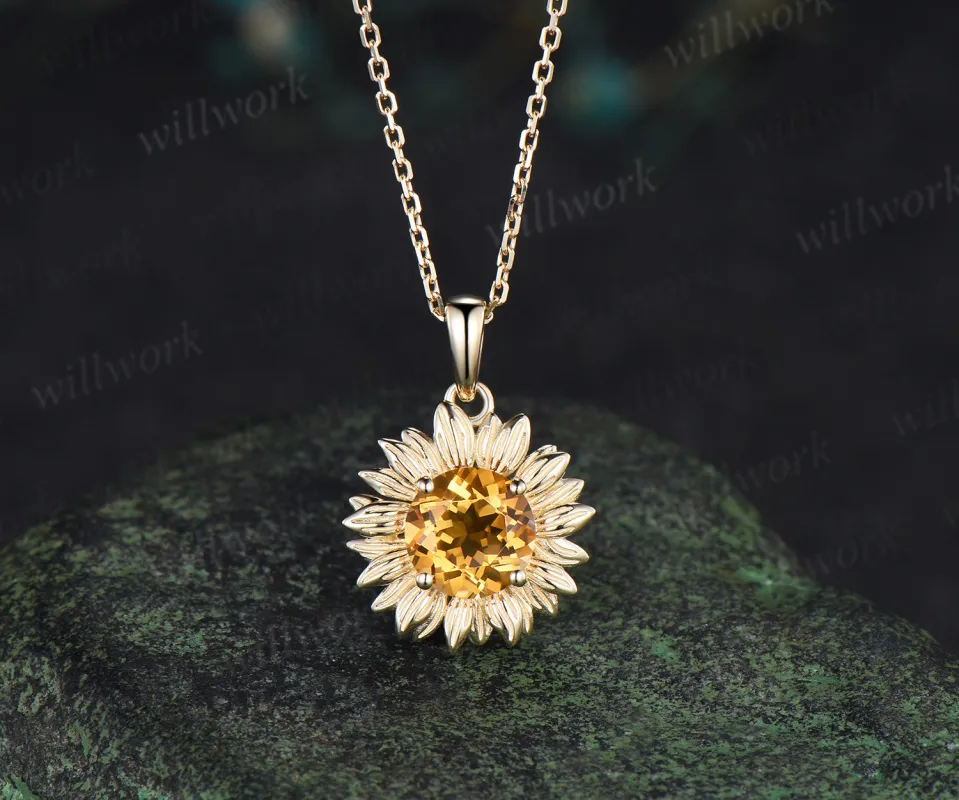 Round cut citrine sunflower necklace solitare yellow cystal pendant necklace November jewelry made by Willwork Jewelry