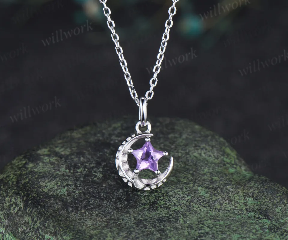 Unique star shape amethyst pendant necklace solitaire celestial moon star necklace gifts for her sold by Willwork Jewelry