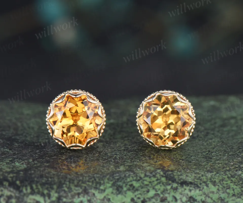 Vintage round citrine stud earrings bezel milgrain elegant earrings November jewelry gifts sold by Willwork Jewelry