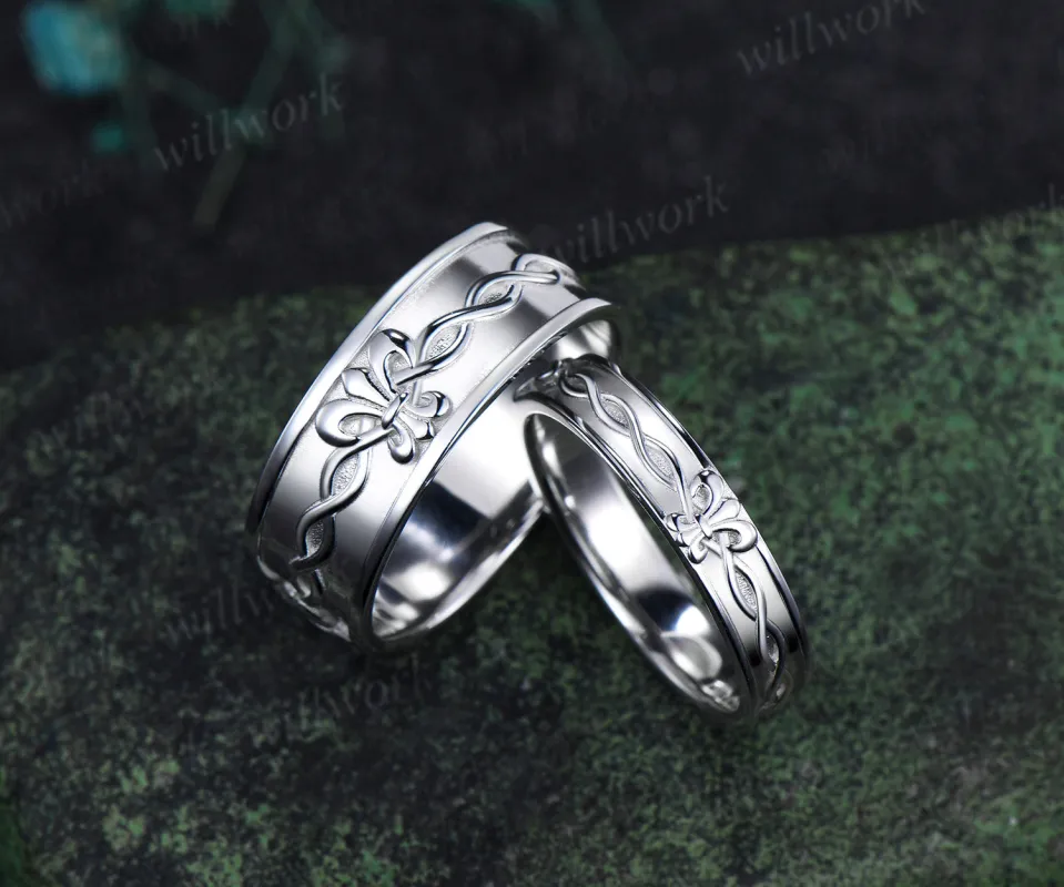 Fleur-de-lis twisted wedding band mens women full eternity nature inspired wedding ring set infinity couple rings sold by Willwork Jewelry