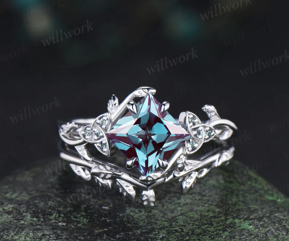 Princess cut alexandrite engagement ring set vintage celtic knot leaf twig ring wedding band bridal set sold by Willwork Jewelry