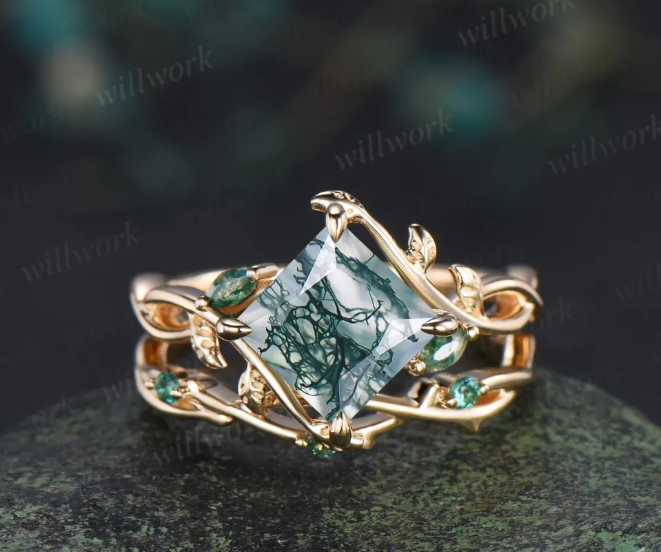 Vintage Princess cut moss agate ring set leaf marquise moss agate infinity ring branch emerald wedding band bridal set sold by Willwork Jewelry