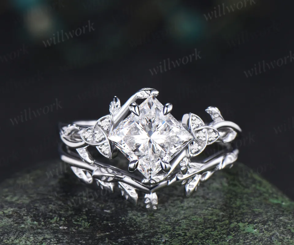 Princess cut lab grown diamond engagement ring leaf twig celtic knot ring diamond promise band nature inspired bridal set sold by Willwork Jewelry