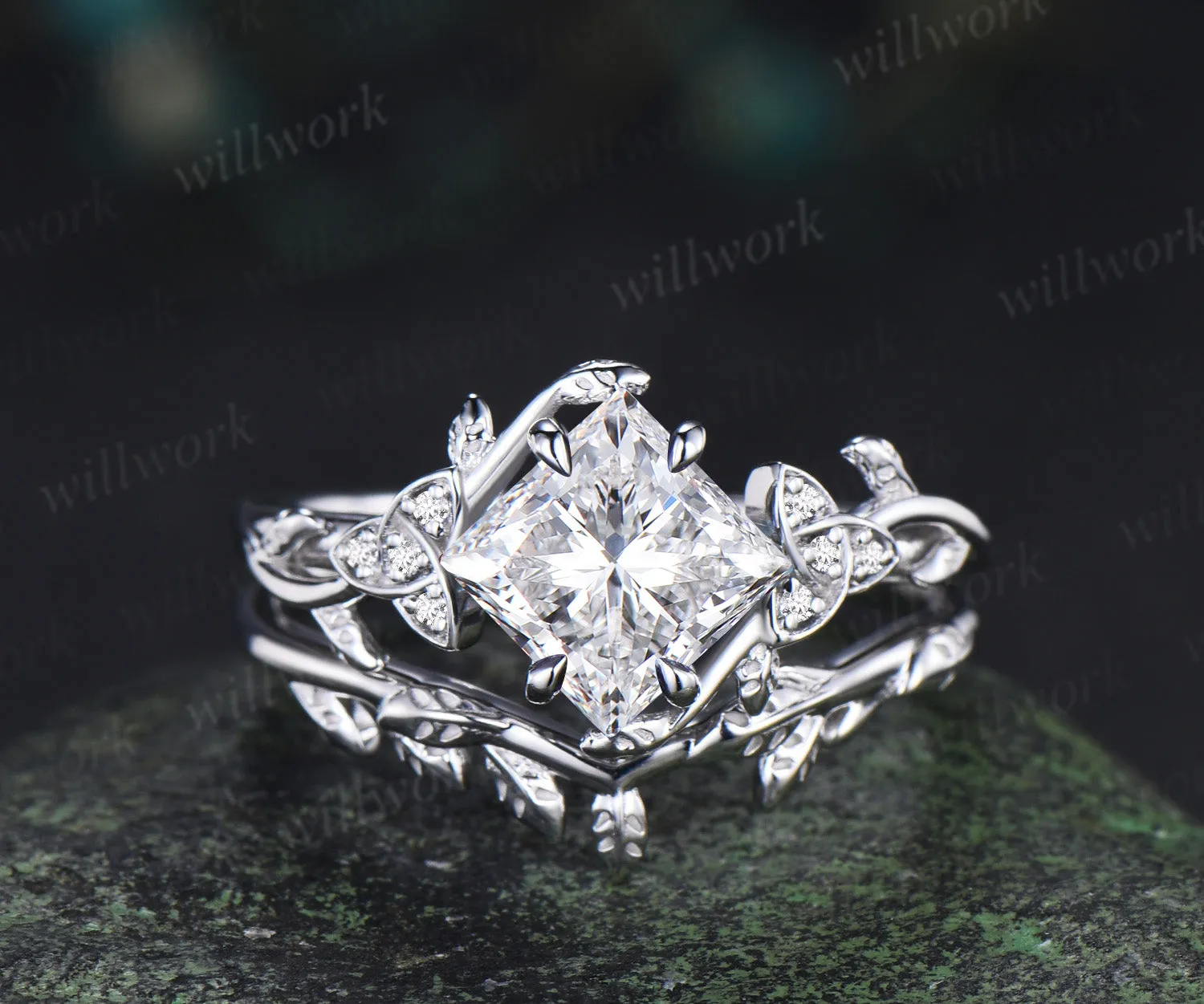Princess cut lab grown diamond engagement ring leaf twig celtic knot ring diamond promise band nature inspired bridal set sold by Willwork Jewelry