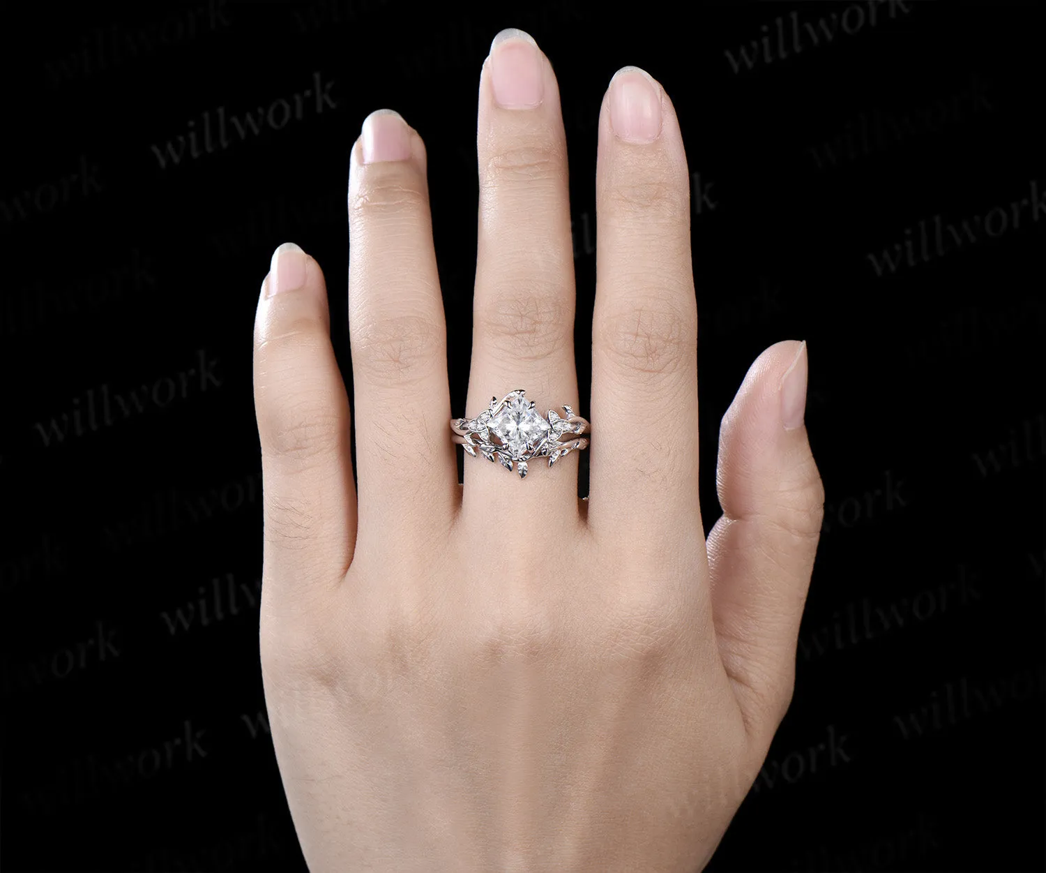 Princess cut lab grown diamond engagement ring leaf twig celtic knot ring diamond promise band nature inspired bridal set sold by Willwork Jewelry product image thumbnail 2