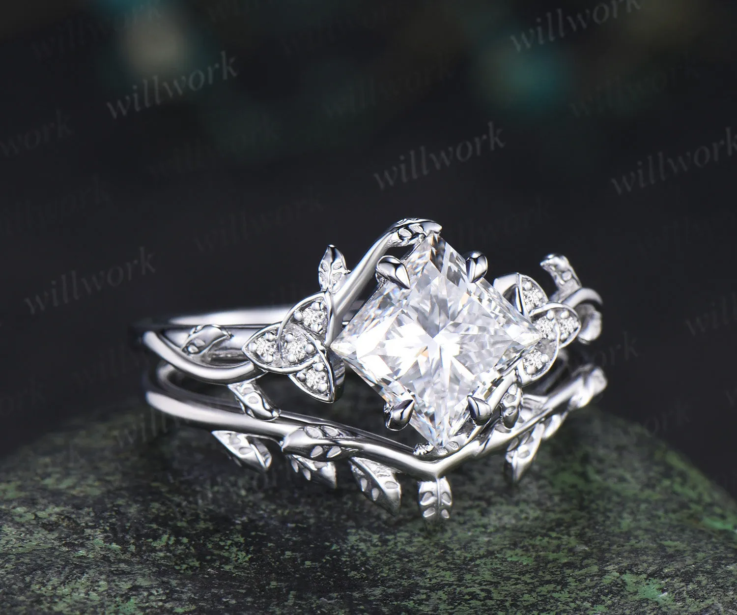 Princess cut lab grown diamond engagement ring leaf twig celtic knot ring diamond promise band nature inspired bridal set sold by Willwork Jewelry product image thumbnail 4