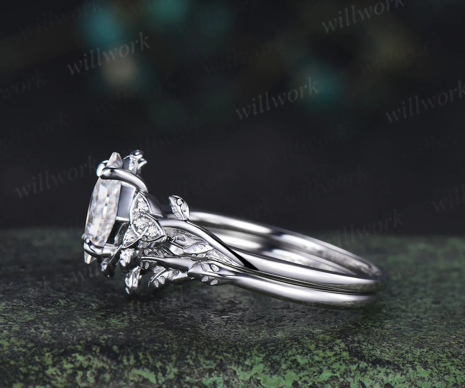 Princess cut lab grown diamond engagement ring leaf twig celtic knot ring diamond promise band nature inspired bridal set sold by Willwork Jewelry product image thumbnail 5