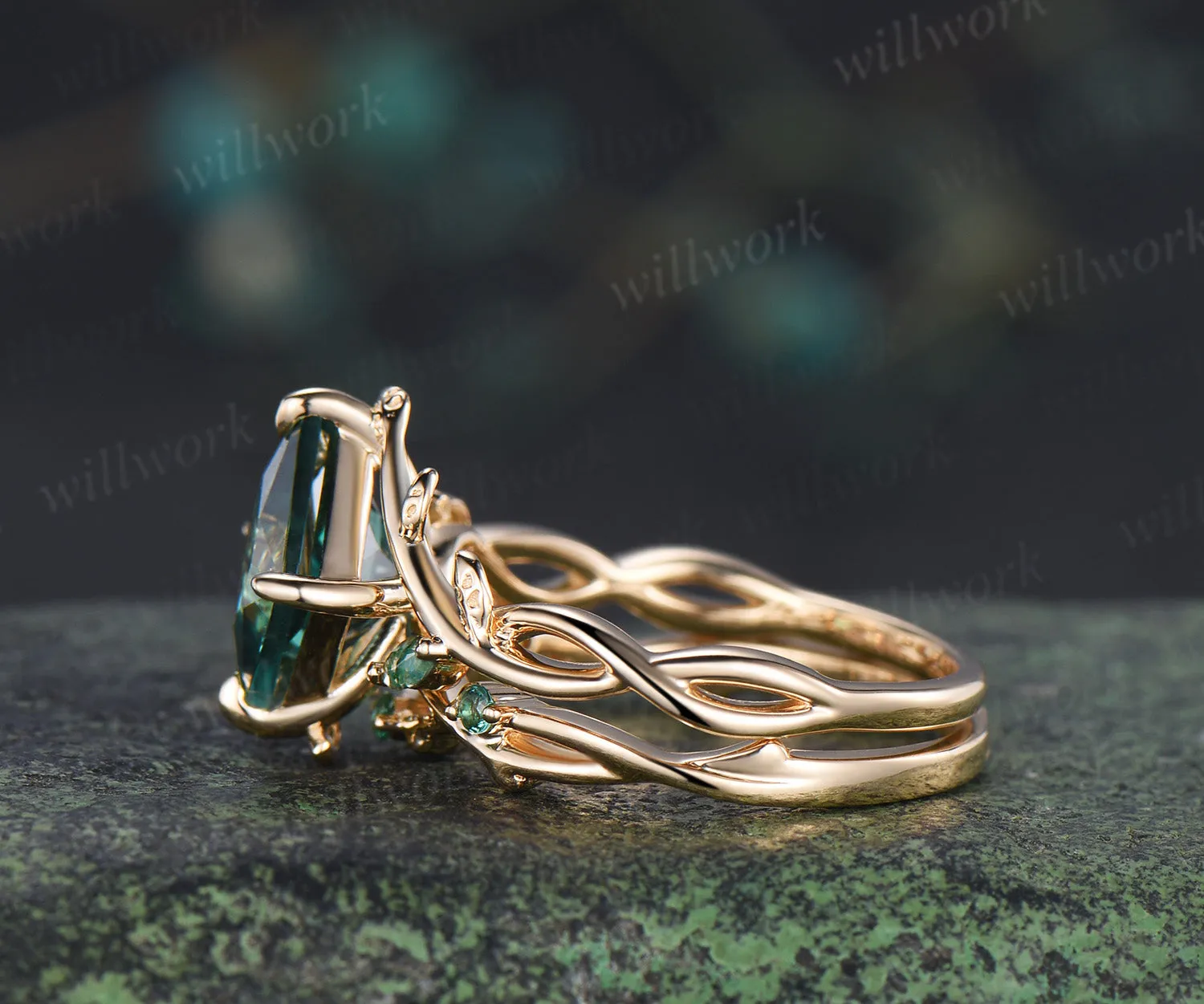Vintage Princess cut green sapphire ring set leaf marquise moss agate infinity ring branch emerald wedding band sold by Willwork Jewelry product image thumbnail 4
