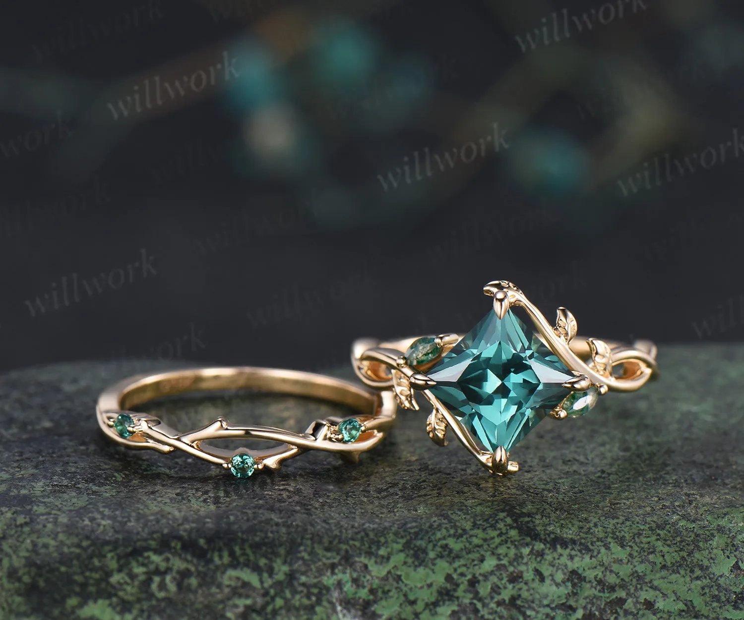 Vintage Princess cut green sapphire ring set leaf marquise moss agate infinity ring branch emerald wedding band sold by Willwork Jewelry product image thumbnail 3