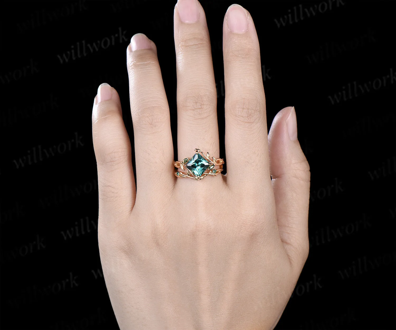 Vintage Princess cut green sapphire ring set leaf marquise moss agate infinity ring branch emerald wedding band sold by Willwork Jewelry product image thumbnail 2