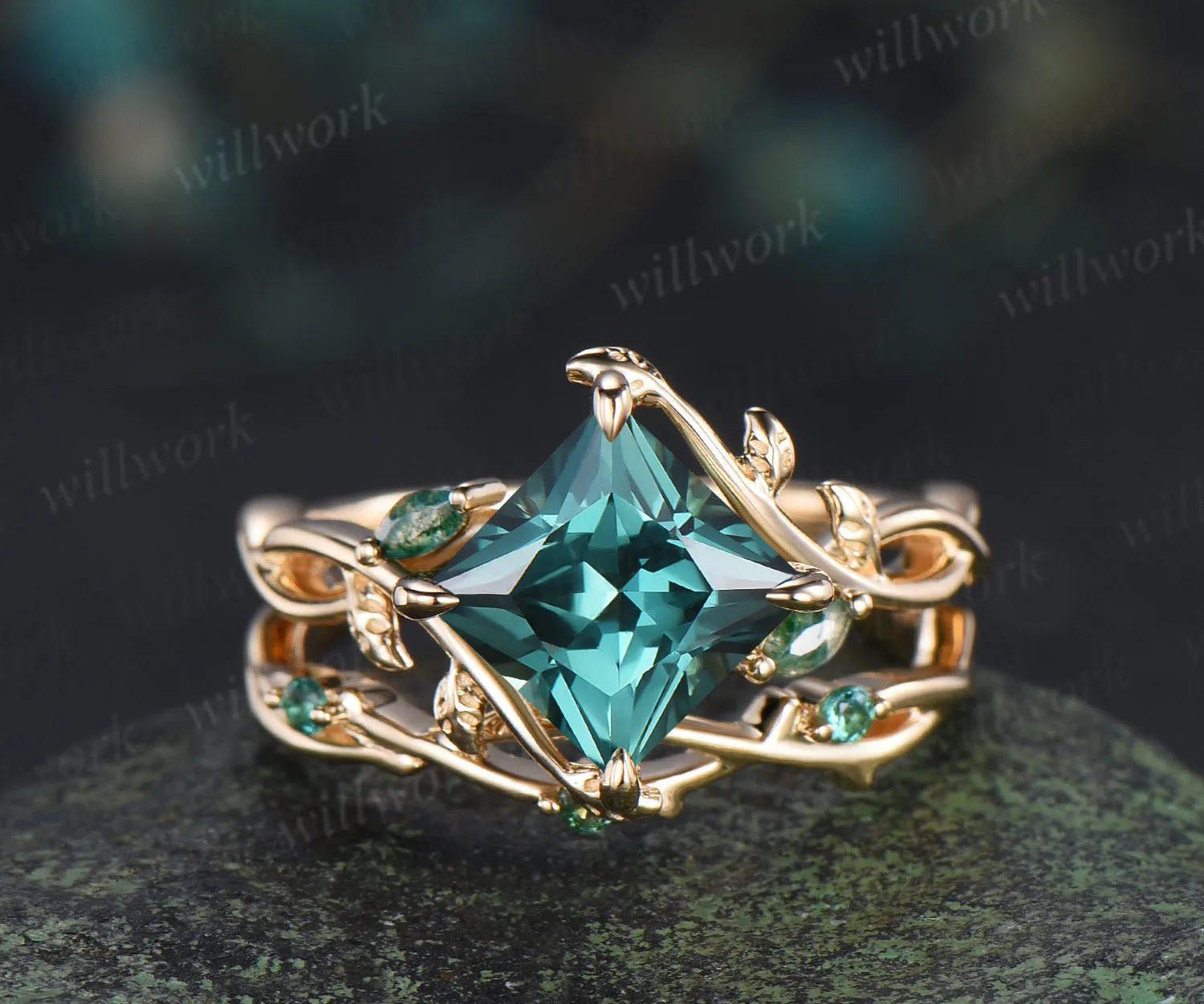Vintage Princess cut green sapphire ring set leaf marquise moss agate infinity ring branch emerald wedding band sold by Willwork Jewelry