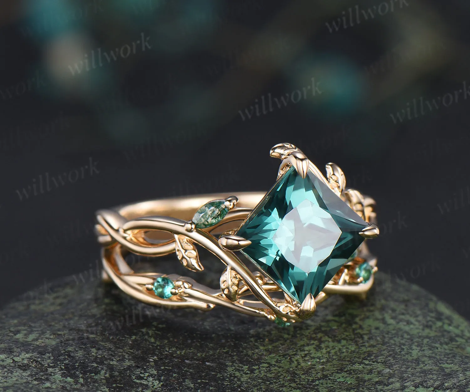 Vintage Princess cut green sapphire ring set leaf marquise moss agate infinity ring branch emerald wedding band sold by Willwork Jewelry product image thumbnail 5