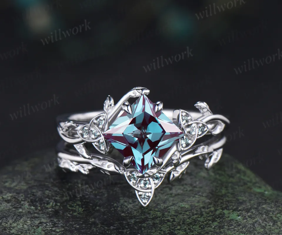 Princess cut alexandrite engagement ring set art deco color change stone celtic knot leaf twig ring unique bridal set sold by Willwork Jewelry