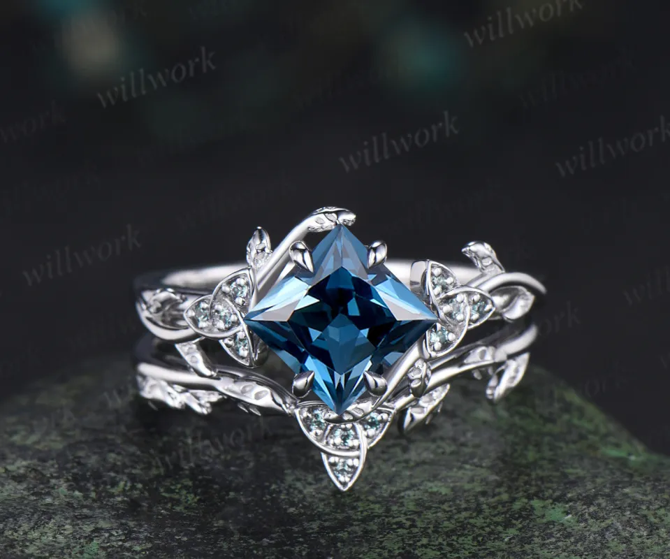 Princess cut London blue topaz engagement ring set art deco alexandrite celtic knot leaf twig ring unique bridal set sold by Willwork Jewelry