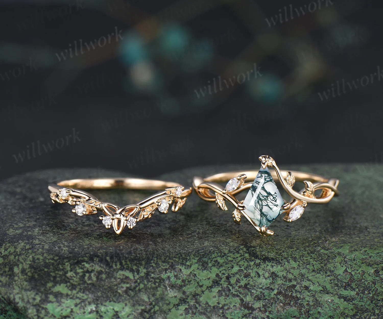 Kite cut natural moss agate infinity engagement ring set split shank moissanite leaf ring celtic knot wedding band bridal set sold by Willwork Jewelry product image thumbnail 3