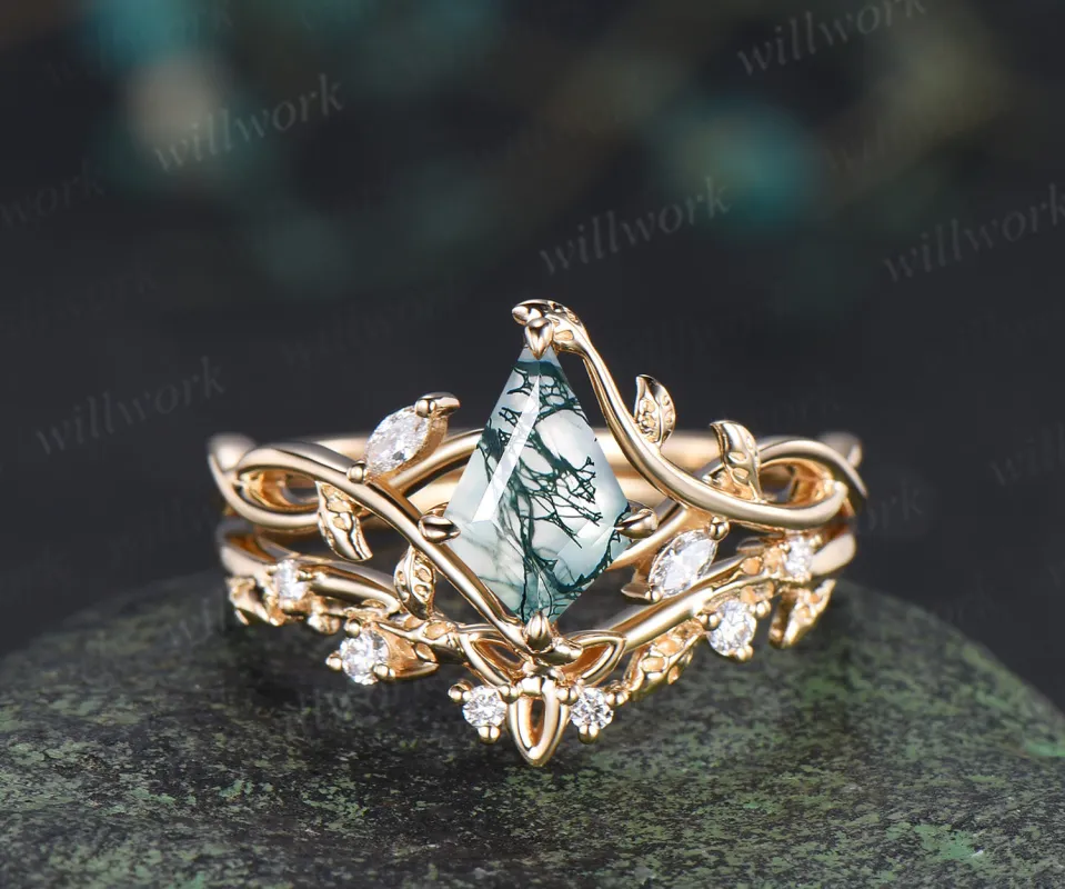 Kite cut natural moss agate infinity engagement ring set split shank moissanite leaf ring celtic knot wedding band bridal set sold by Willwork Jewelry