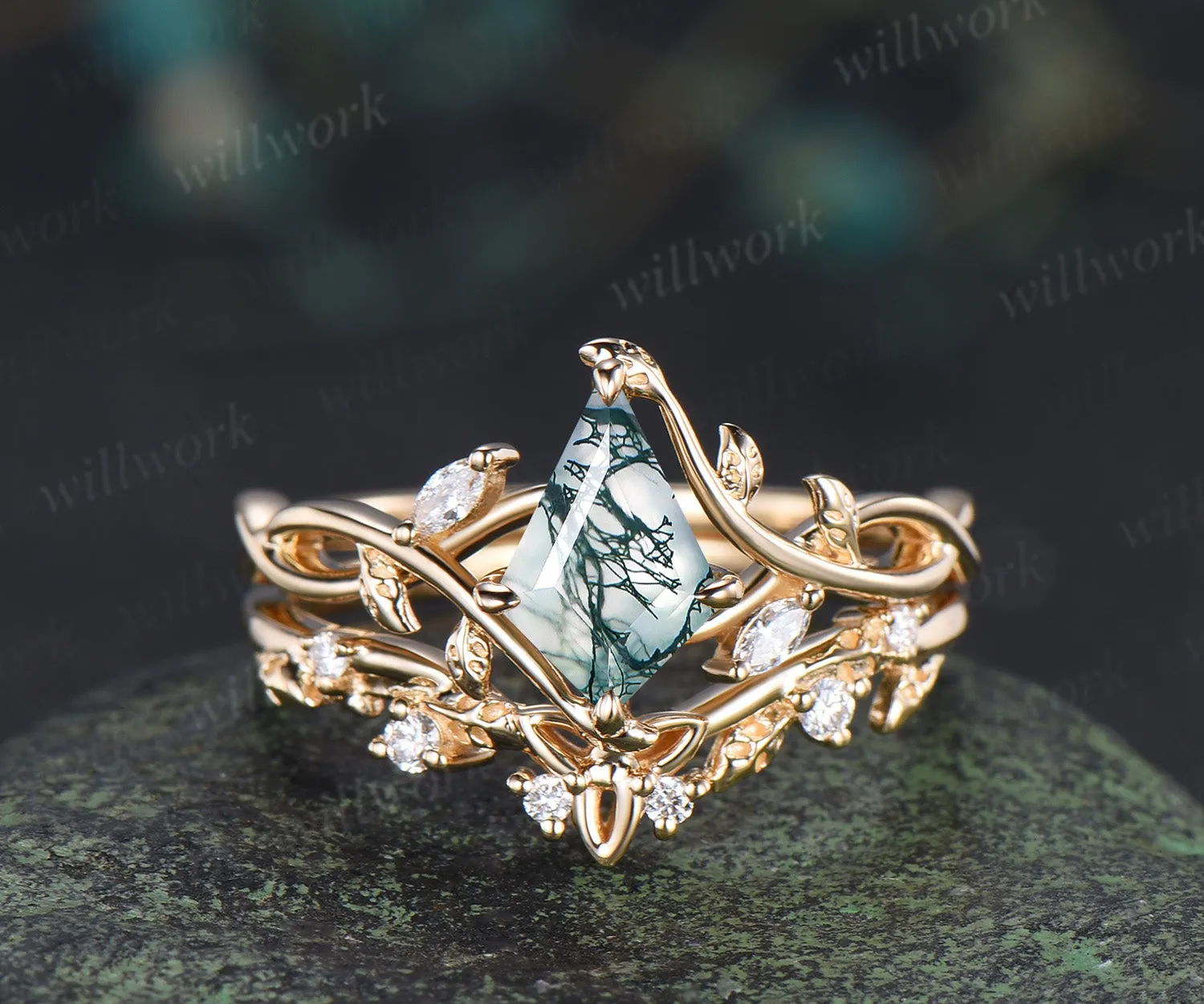 Kite cut natural moss agate infinity engagement ring set split shank moissanite leaf ring celtic knot wedding band bridal set sold by Willwork Jewelry