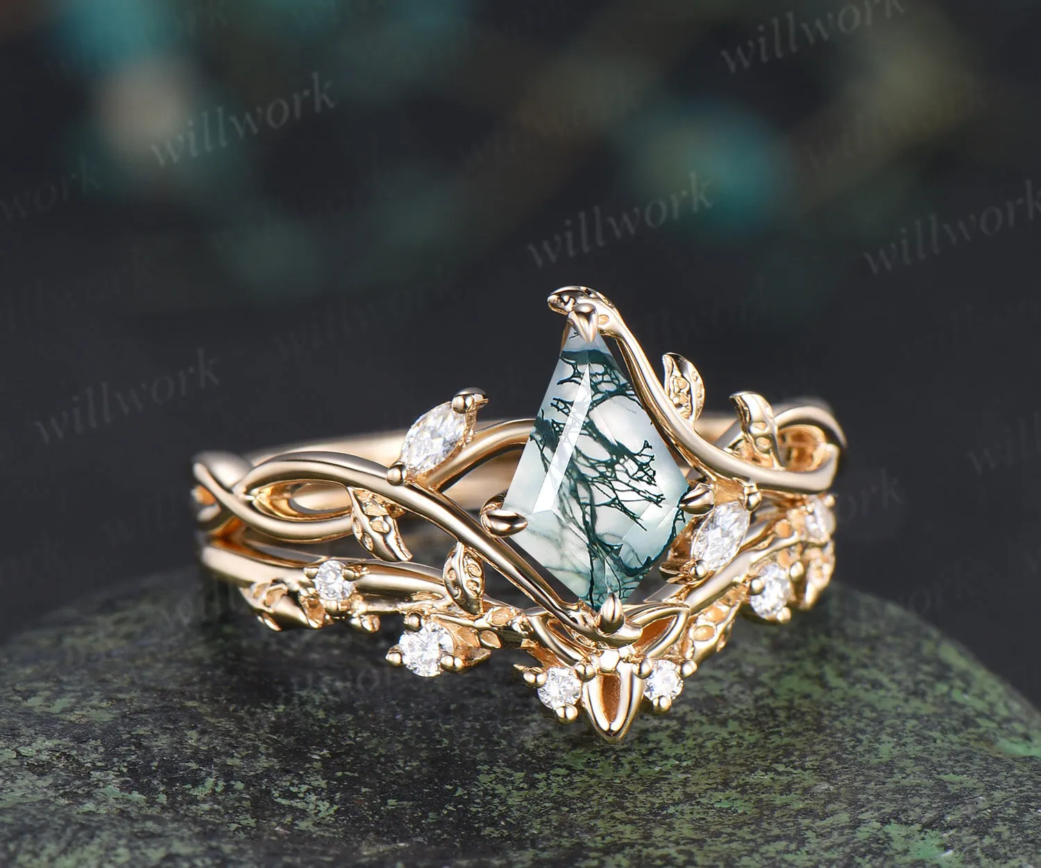 Kite cut natural moss agate infinity engagement ring set split shank moissanite leaf ring celtic knot wedding band bridal set sold by Willwork Jewelry product image thumbnail 5