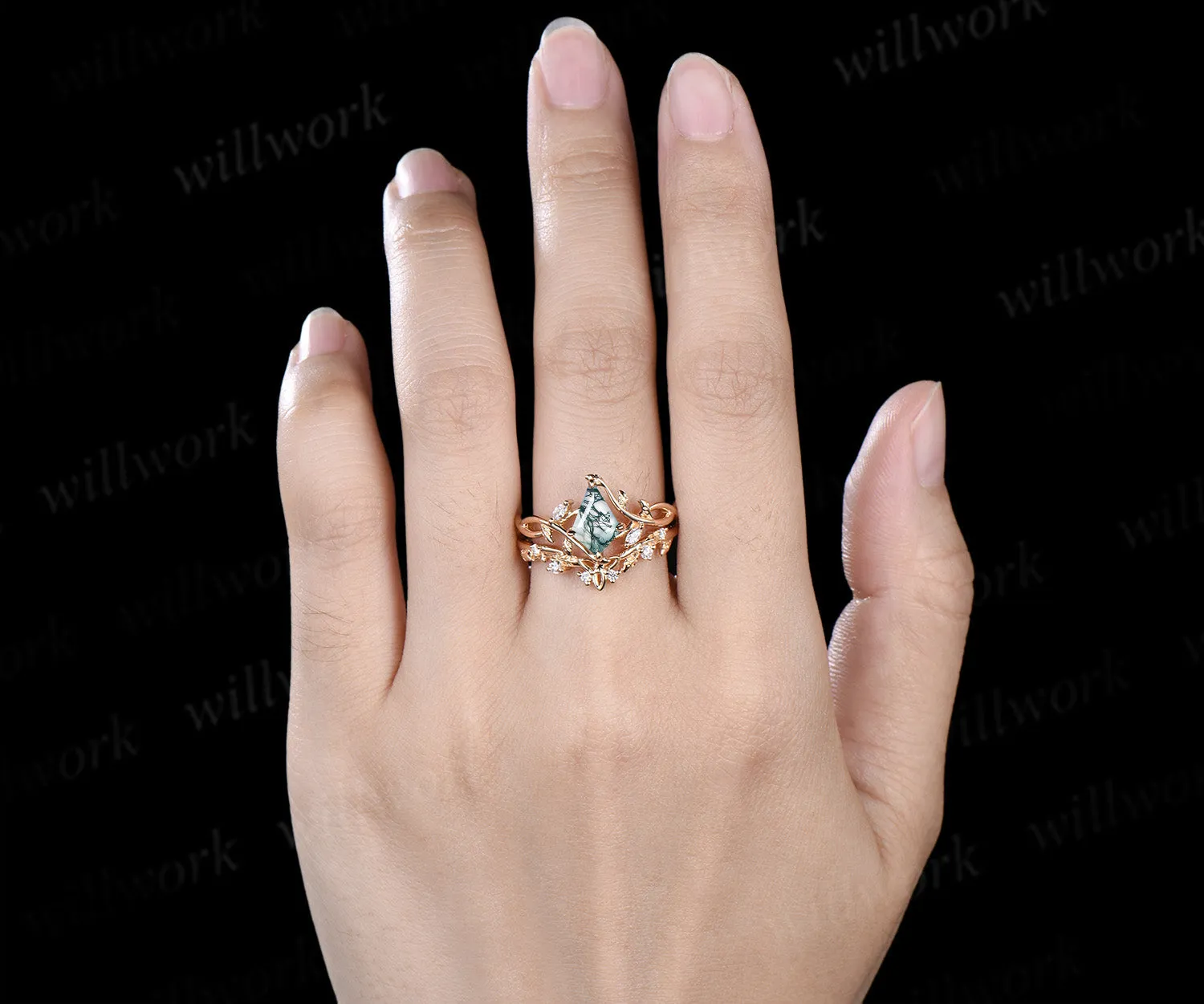 Kite cut natural moss agate infinity engagement ring set split shank moissanite leaf ring celtic knot wedding band bridal set sold by Willwork Jewelry product image thumbnail 2