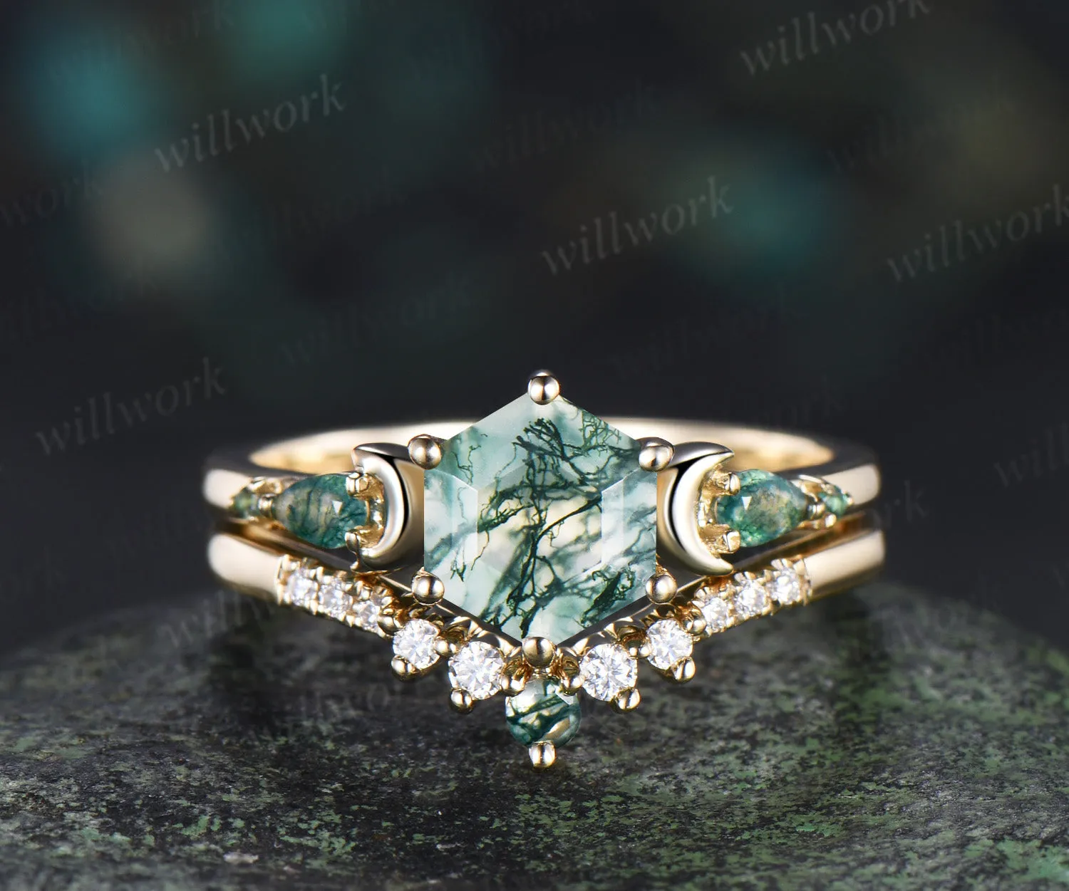 Unique hexagon cut moss agate moon engagement ring set pear moss agate five stone ring moissanite wedding band bridal set sold by Willwork Jewelry