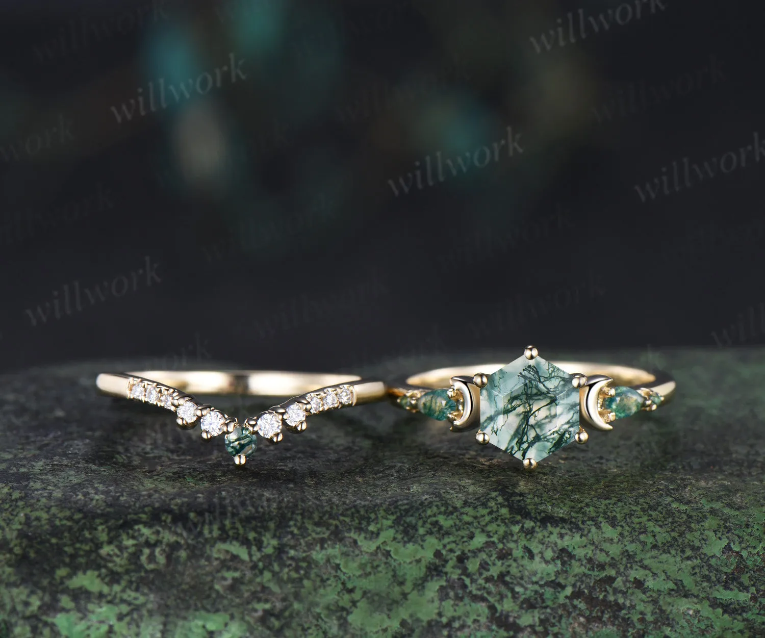 Unique hexagon cut moss agate moon engagement ring set pear moss agate five stone ring moissanite wedding band bridal set sold by Willwork Jewelry product image thumbnail 4