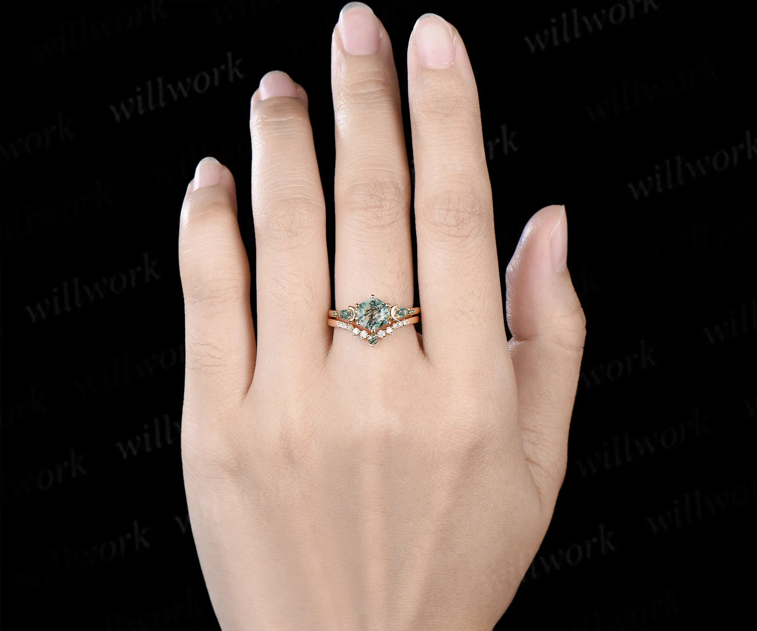 Unique hexagon cut moss agate moon engagement ring set pear moss agate five stone ring moissanite wedding band bridal set sold by Willwork Jewelry product image thumbnail 2