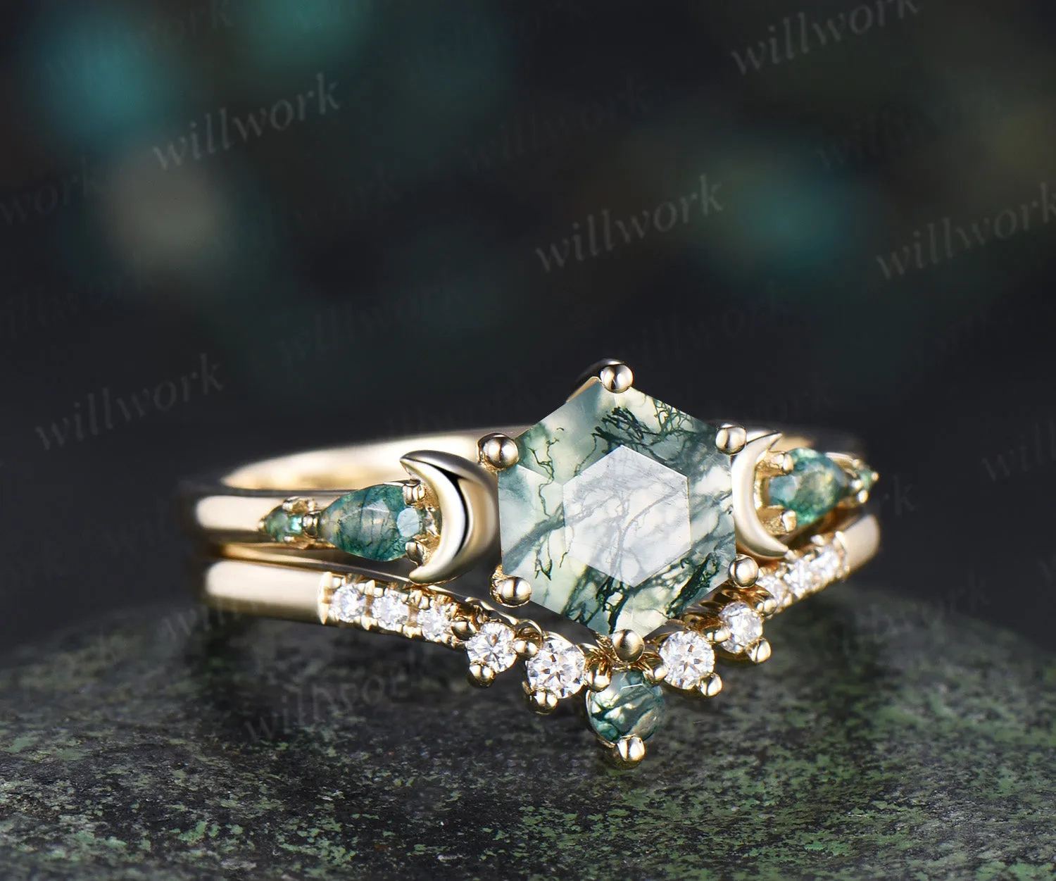 Unique hexagon cut moss agate moon engagement ring set pear moss agate five stone ring moissanite wedding band bridal set sold by Willwork Jewelry product image thumbnail 3