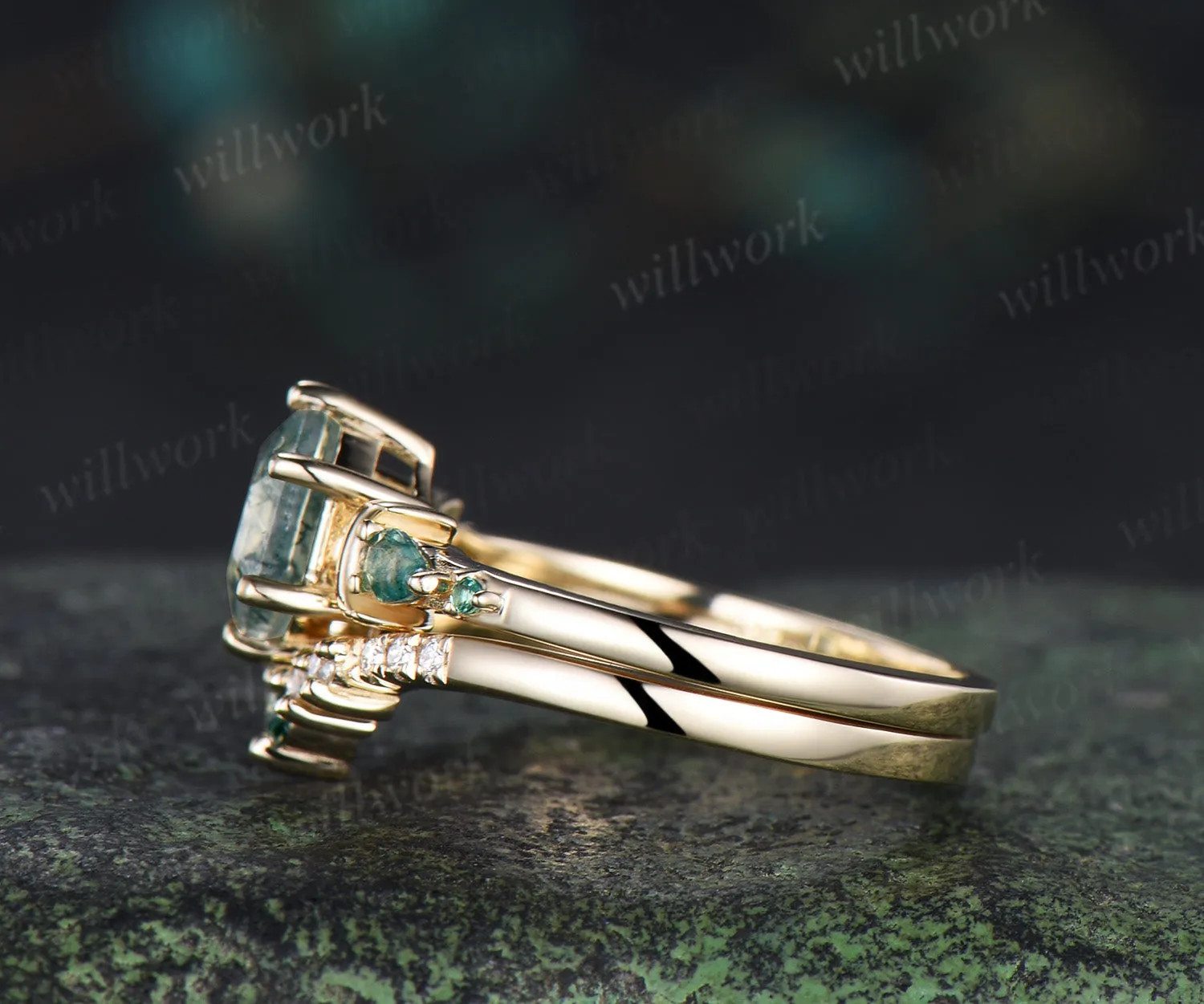 Unique hexagon cut moss agate moon engagement ring set pear moss agate five stone ring moissanite wedding band bridal set sold by Willwork Jewelry product image thumbnail 5