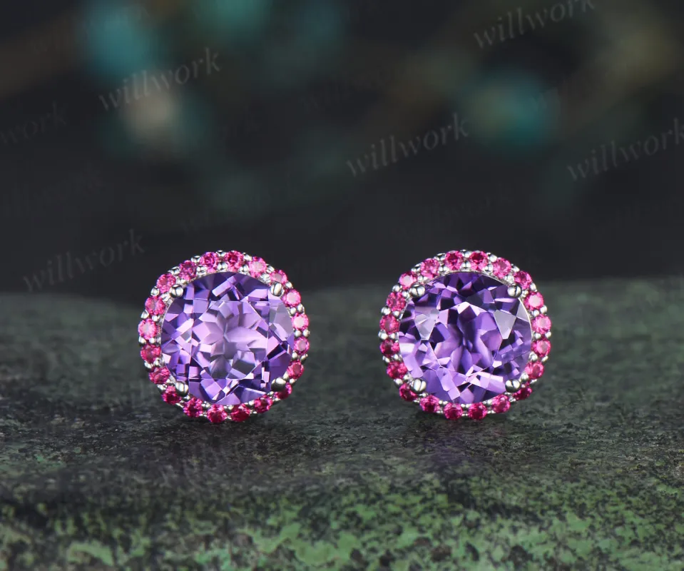 Enchanting round amethyst stud earrings red ruby halo piercing birthstone earrings gifts for her made by Willwork Jewelry