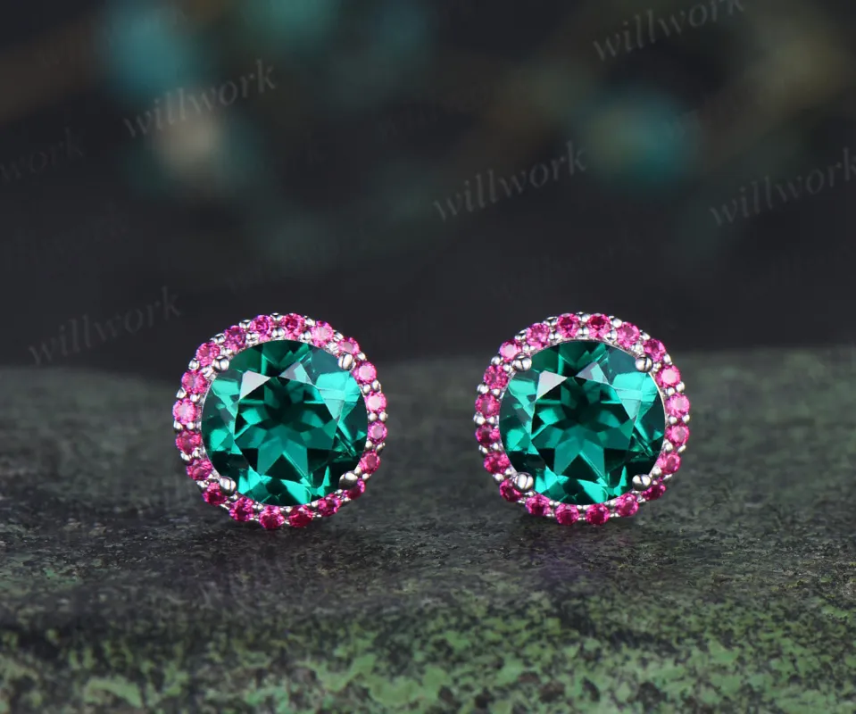 Vintage round emerald stud earrings red ruby halo piercing earrings unique jewelry gifts made by Willwork Jewelry