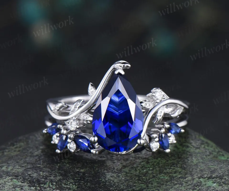 Pear blue sapphire leaf engagement ring set nature inspired big sapphire bridal set women jewelry sold by Willwork Jewelry
