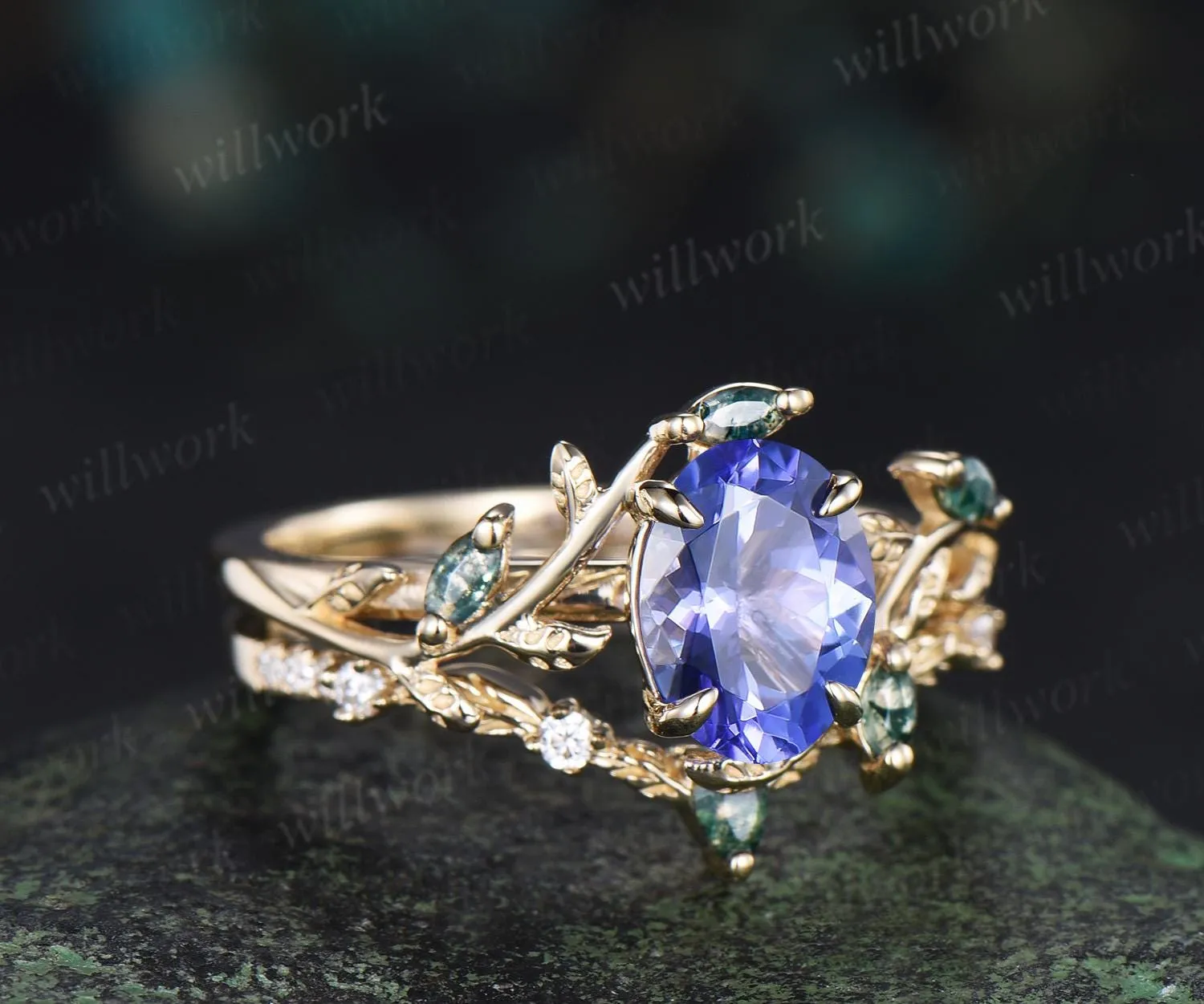 Oval cut natural tanzanite engagement ring set art deco leaf nature inspired moss agate bridal wedding ring set women sold by Willwork Jewelry product image thumbnail 4