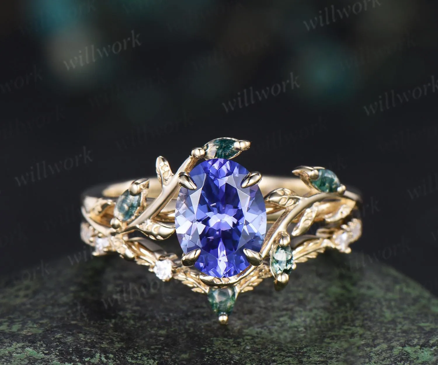 Oval cut natural tanzanite engagement ring set art deco leaf nature inspired moss agate bridal wedding ring set women sold by Willwork Jewelry