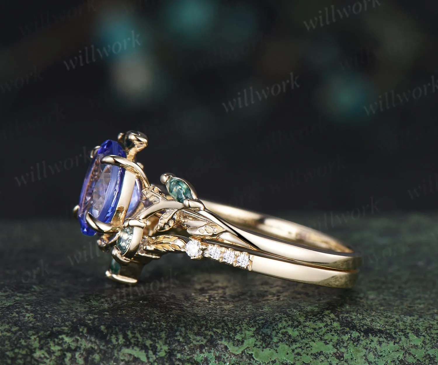 Oval cut natural tanzanite engagement ring set art deco leaf nature inspired moss agate bridal wedding ring set women sold by Willwork Jewelry product image thumbnail 5